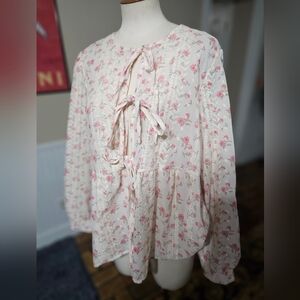 Lightweight Floral Front Tie Boho Top XL